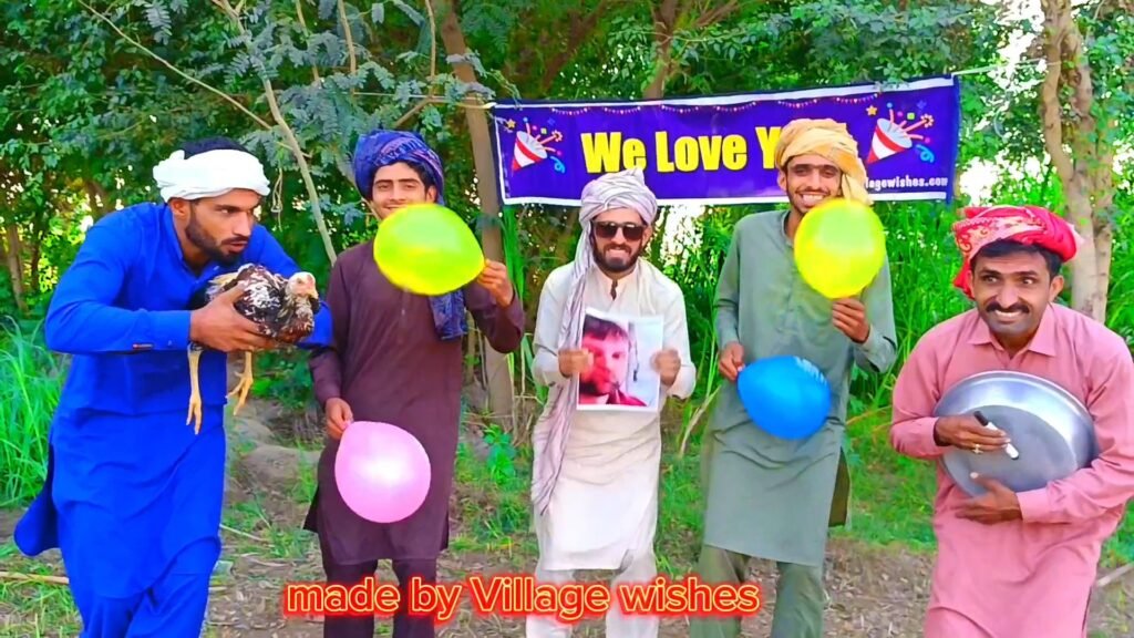 Real villagers performing energetic dance for mens birthday celebration with custom name sign