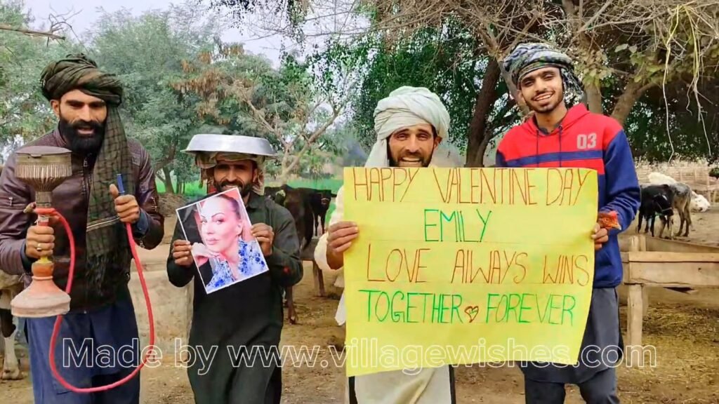 Real villagers dancing and celebrating Valentines Day with custom photo and name greeting