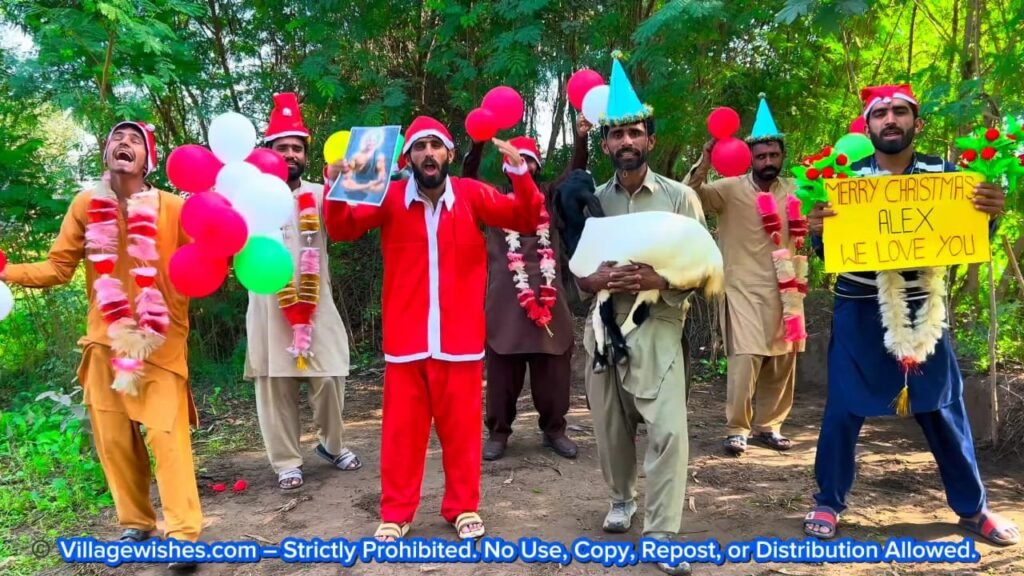 Real villagers celebrating Christmas with festive decorations and personalized photo greeting